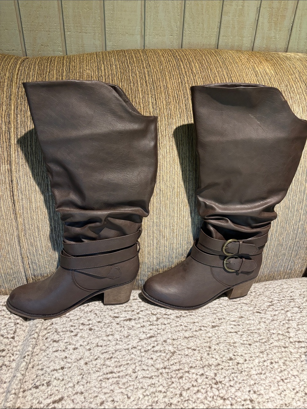Journee Collection Brown Slouchy Mid-Calf Heeled Boots with Buckle Straps